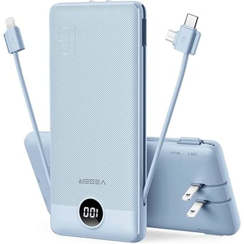 VEGER Portable Charger for iPhone Built in Cables and Wall Plug, 10000mah Slim Fast Charging USB C Power Bank, Travel Essential Battery Pack Compatible with iPhones, iPad, Samsung More Devices(Blue)