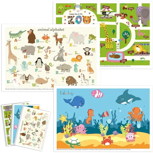 Babebay Disposable Placemats for Baby, 60 Pack Sticky Toddler Placemat for Restaurants, Dining Table, Party, Travel, 12" x 18" with 3 Designs