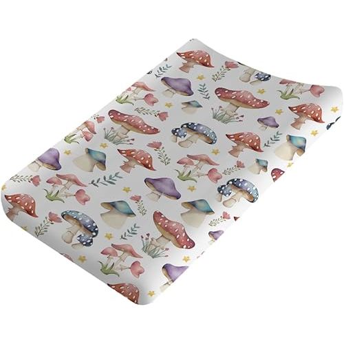 Watercolor Mushroom Forest Changing Pad Covers Mushroom Floral Leaves Diaper Change Table Sheets for Boy Girl Woodland Fantasy Soft Breathable Stretch Baby Changing Table Cover Mats 32''x16''