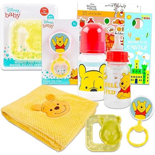 Disney Winnie The Pooh Baby Gift Set, Baby Shower Gifts Girls Neutral - 6 Pc Newborn Essentials Bundle with Blanket, Rattle, Bottle, Teether, Scrapbook Stickers, More