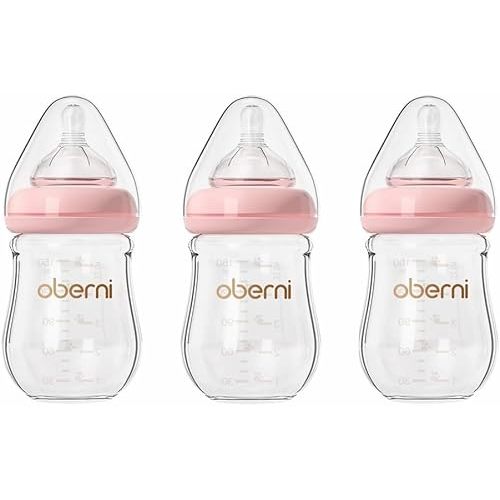 Glass Baby Bottles,Anti Colic Breastfeeding Bottle with Natural Response Nipple Size S,Wide Neck Slow Flow Baby Bottle for Baby,Newborn,Preemie 0-3 0-6 Month,BPA Free (Pink, 5 Ounce，3 Pack)