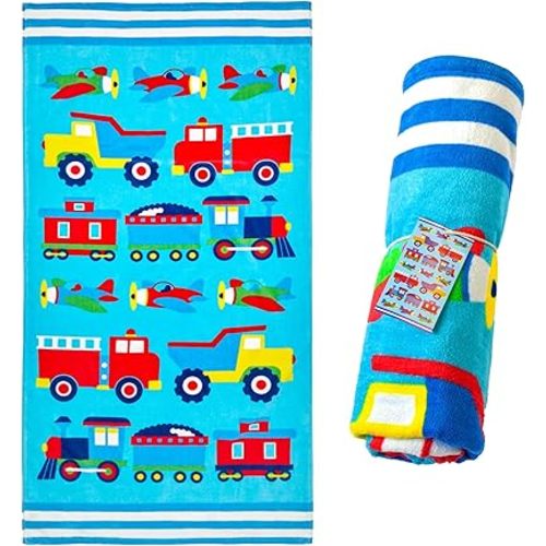 Wildkin Kids Beach Towel – 100% Cotton, Soft & Absorbent, Ideal Pool & Beach Essential (Trains, Planes and Trucks)