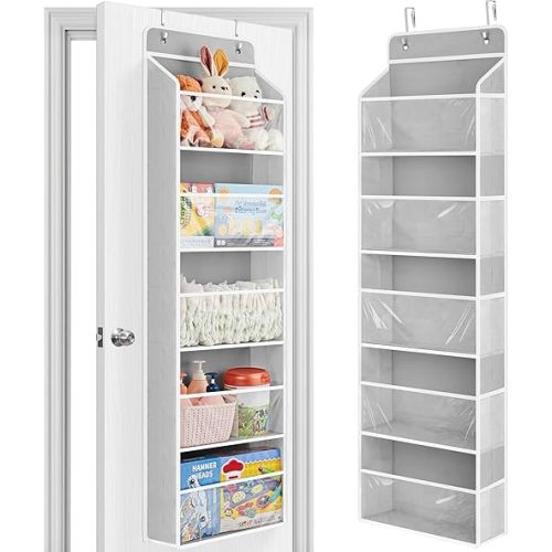 JARLINK Toy Stuffed Animal Storage, Over The Door Organizer W/Clear View Windows, 44lb Load, Baby Toy Storage Organizer for Nursery, Kid Bedroom, Newborn Baby Essentials (Light Grey)