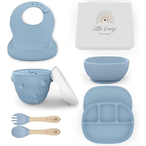 Little Keegs Baby Feeding Set - Dusty Blue, 8 Piece, BPA Free Silicone, Microwave and Dishwasher Safe