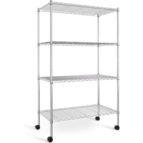 YSSOA Heavy Duty 4-Tier Shelving with Wheels, 36” D x 18” W x 61” H Adjustable Steel Organizer Wire Rack 1400 Lb Capacity, Chrome