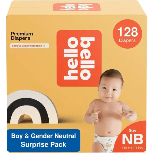 Hello Bello Premium Diapers Size Newborn I 128 Count of Disposable, Extra-Absorbent, Hypoallergenic, and Eco-Friendly Baby Diapers with Snug and Comfort Fit I Surprise Boy & Gender Neutral Patterns