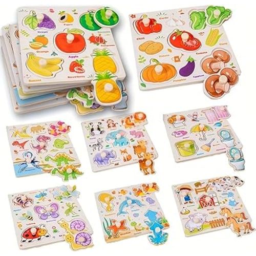Wooden Peg Puzzle for Toddler, 8Pcs Montessori Educational Learning Puzzles Set- Animals, Dinosaur, Fruits, Vegetable, Insect Great Preschool Gifts for Girls and Boys