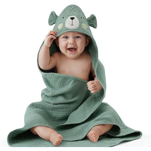 Blissful Diary Muslin Baby Hooded Towel, Soft and Absorbent Bath Towel for Newborn, Infant, Toddler, Unisex, 32″x32″ - Smart Bear