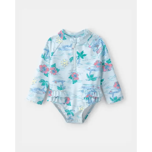 Baby Girl Tropical Beach Long-Sleeve Rashguard Swimsuit - Blue | Carter's