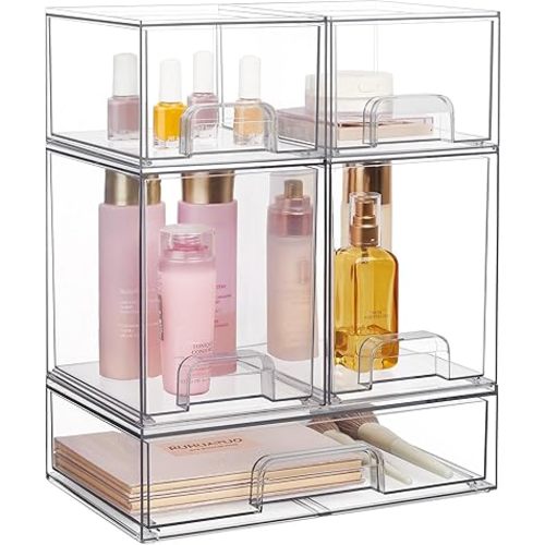 Vtopmart Stackable Storage Drawers Set of 5, Clear Plastic Organizer Bins for Beauty Supplies,Ideal for Vanity, Bathroom,Cabinet,Pantry Organization