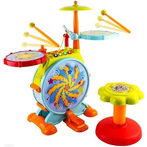 Play Baby Musical Big Toy Kids Drum Set with Adjustable Mic and Seat - Many Functions and Activities for Hours of Play - Pretend to Be A Real Drummer with Drumsticks, Pedals, and Bass Drum