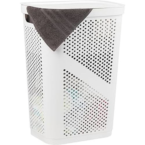 Mind Reader 60L Slim Laundry Hamper, Clothes Basket, Lid, Ventilated, Plastic, 17.25"L x 13.75"W x 23.5"H, White