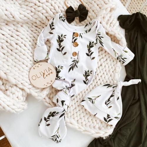 Olive Leaf Newborn Knotted Gown & Hat Set | Caden Lane