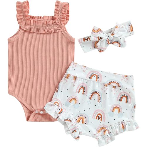 Newborn Baby Girls Clothes Sets Waffle Floral Print Sleeveless Bodysuits+Ruffles Drawstring Summer Shorts+Headband - 0-3 Months - Rainbow-pink