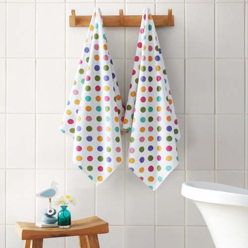 Welhome 100% 2-Pack Printed Kids Towel Set, 2 Piece 100% Cotton Bathroom Towels, 380 GSM, Absorbent Bath Towels For Everyday Use, Polka Dot Printed Towels