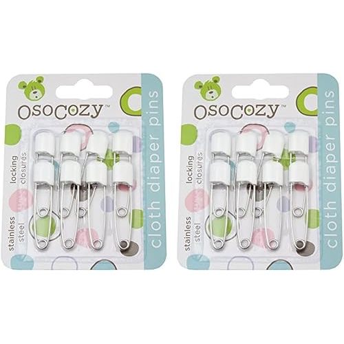 OsoCozy Diaper Pins - Sturdy, Stainless Steel with Safe Locking Closures - 8 Count (Pack of 2) - White - Colorful Laundry Pins