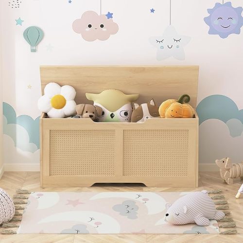 HOOBRO Storage Chest, 43.3" Storage Bench, Rattan-Like Storage Trunk, Sturdy Entryway Bench Supports 220 lb, Shoe Bench, Safety Hinge, U-Shaped Opening, Easy Assembly, Natural NL22CW01 - 43.3"L x 15.7"W x 19.7"H