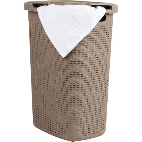 Mind Reader 60L Slim Laundry Hamper, Clothes Basket, Lid, Wicker Design, Plastic, 17.65"L x 13.75"W x 24.15"H, Tan