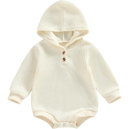Thorn Tree Newborn Baby Boys Hooded Sweatshirt Long Sleeve Solid Romper Infant Baby Fall Winter Spring Outfits - Beige Waffle Romper - 12-18 Months