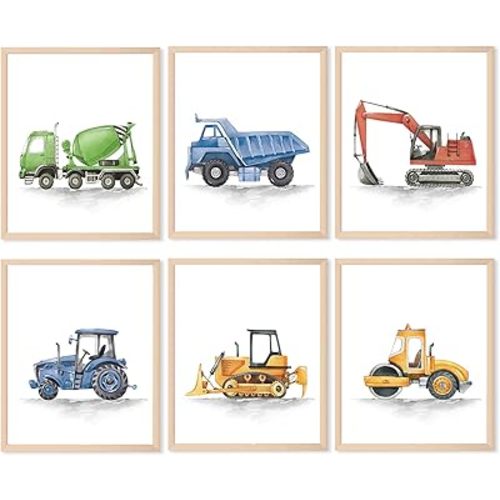 ASTRDECOR Construction Room Decor for Boys, Boys Nursery Decor, Toddler Boy Room Decor, Playroom Wall Art Watercolour Truck Prints for Kids Room, Car Pictures Wall Decor for Playroom, Nursery, Bedroom, Truck Vehicles Posters - 8"x10"x6PCS, Unframed