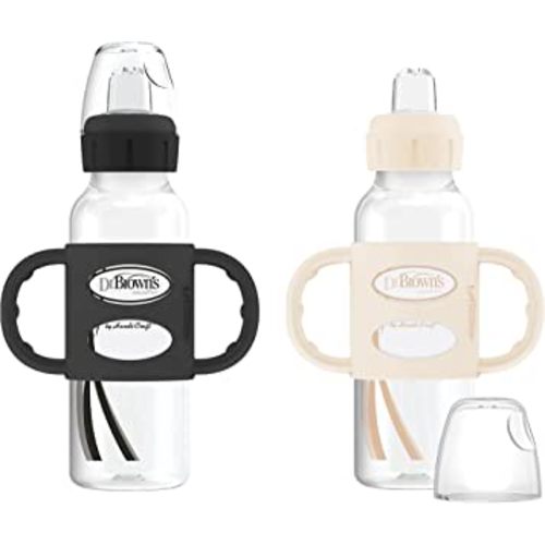 Dr. Brown's Milestones Narrow Sippy Bottle with 100% Silicone Handles, Easy-Grip Bottle with Soft Sippy Spout, 8oz/250mL, BPA Free, Black & Ecru, 2 Pack, 6m+