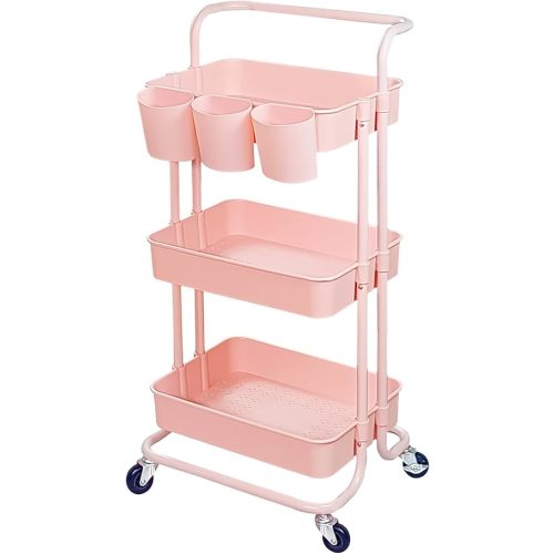 3-Tier Multifunction Rolling Cart Utility Storage Shelves Cart with Hanging Cup Lockable Wheels and Handle for Office Living Room Kitchen Bathroom (Pink)