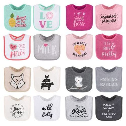 The Peanutshell Baby Girl Terry Bibs, 16 Pack for Feeding, Teething, or Drooling|Girl Foods/Neutral