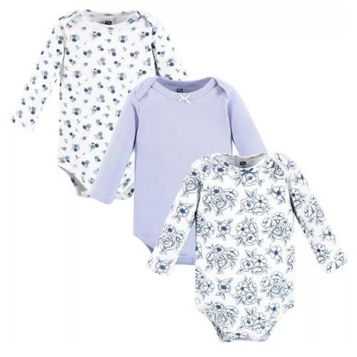Hudson Baby Infant Girl Cotton Long-Sleeve Bodysuits, Blue Toile 3-Pack