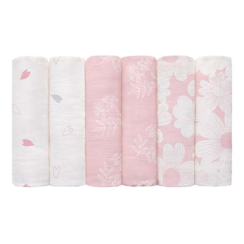 Gllquen Baby Muslin Swaddle Blankets 6-Pack Organic Cotton Blankets for Newborn Infant Girls Boys, 28 X 28", Rosebud