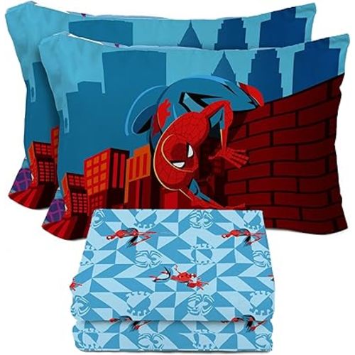 Sunny Side Up Kids Sheet Set Includes Sheets and Pillow Cover - 100% Microfiber Bedding and Room Decor, Blue - Spiderman, 4 Piece Full