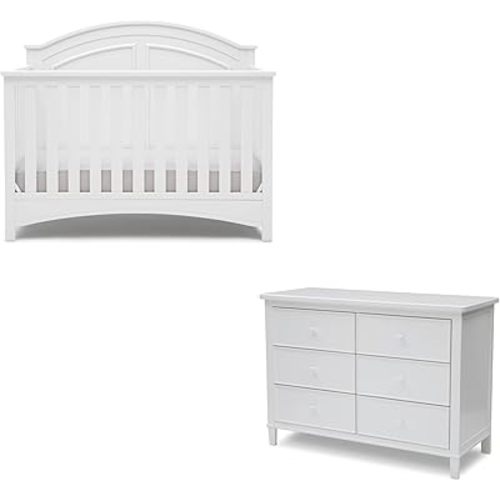 Delta Children Haven 6 Drawer Dresser, White + Perry 6-in-1 Convertible Crib - Greenguard Gold Certified, White (Bundle)