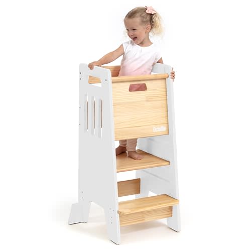 Toddler Tower with a Sliding Door and 3 Adjustable Heights - Complete Toddler Kitchen Stool Helper with Support Feet - Safe Design for 18+ Months to 6-Year-Old Kids - White