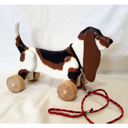 Large Wooden Basset Hound Rolling Toy with Optional Pull String for Toddler and Kids