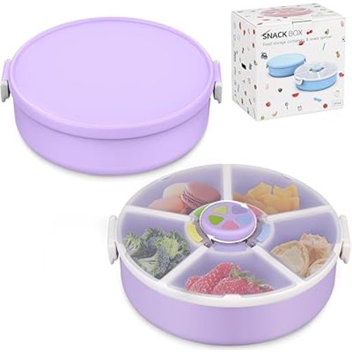 Kids' Rotating Snack Container Set – 2-Pack, Includes 1 Rotating Snack Container & 1 Round Sectioned Snack Box, BPA-Free, Dishwasher Safe, Perfect for Travel-Purple