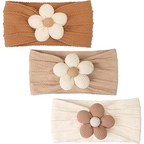 CÉLLOT 3 Pcs Baby Flower Headbands Baby Girls Nylon Headbands Soft Stretchy Headwear Hair Accessories for Newborn Infant Toddler Kids (Beige Ginger Khaki)