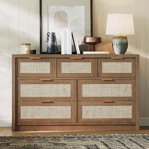 Rattan 7 Drawers Dresser for Bedroom, Wide Chests of Drawers with Golden Handles, Wood Drawers Storage Organizer, Farmhouse Closet Dresser TV Stand for Living Room Hallway, Dark Wood Color