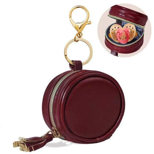Smlpuame Pacifier Holder Case with Clip,PU Leather Pacifier Charm pod with Clasp for Diaper Bag or Purse,Pacifier Pouch Hold 2 Pacifiers,Nipple Shield Case,Outdoor Travel Accessories(Burgundy)