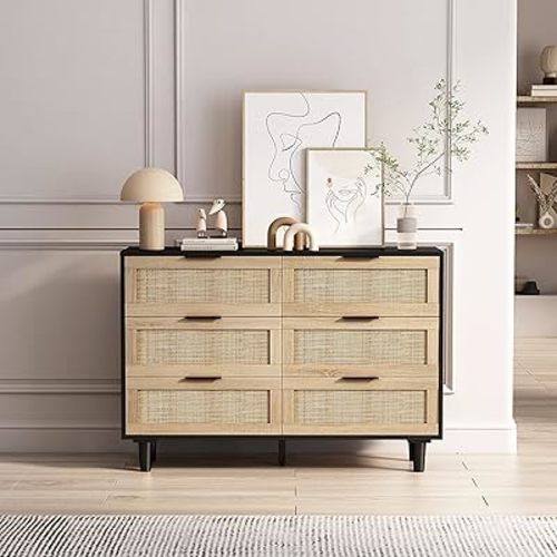 Black Rattan Dresser for Bedroom, 6 Drawer Wide Dressers Cabinet, 43.31" Wood Storage Chest of Drawers, Mid Century Modern Dresser with Handles, for Living Room, Entryway and Hallway, S
