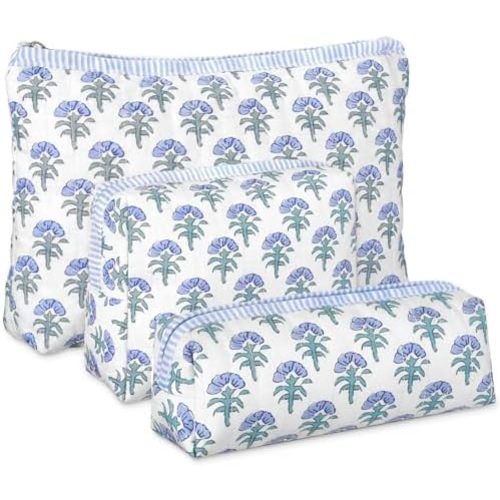 Meanplan 3 Pcs Blue Block Print Quilted Makeup Bag for Women Last Toast on The Coast Quilted Cosmetic Bag Bachelorette Favors Cornflower Coquette Floral Toiletry Pouch Travel Organizer