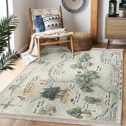 Fairy Tale Gift Newborn Rug|Green Woodland Toddler Runner|Winnie Kid Carpet|Cartoon Map Infant Playmat|Gray AntiSlip Carpet|Bear Fringed Mat