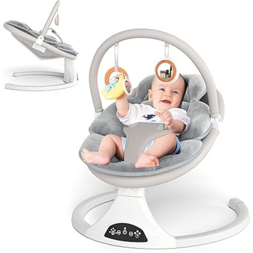 Electric Baby Swing with Remote Control - 5 Natural Motion Speeds, Detachable Seat Pad | Portable Infant Swing for Indoor/Outdoor Use (0-12M, 27lbs) (Gray)