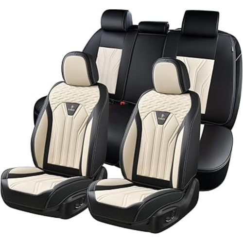 FLORICH Leather Seat Covers, Seat Covers Full Set, Car Seat Protectors 5 Seats, Automotive Seat Covers Fit for Most Cars Trucks SUV- Black&Beige