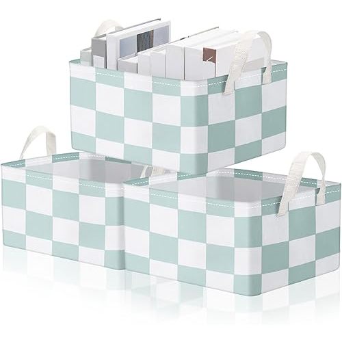 Boao 3 Pcs Checkered Storage Bin Large Rectangular Storage Basket Collapsible Gingham Cube Bins Canvas Laundry Basket Foldable Box with Handle for Office Home Bedroom Clothes Cars(Sage)