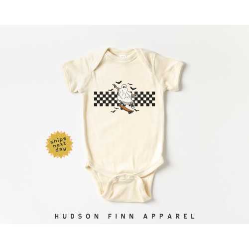 Boys Halloween Baby Onesie®, Skateboarding Ghost Halloween Baby Bodysuit, Ghost Kids Shirt, Boys Fall Retro Checkered Baby Onesie®