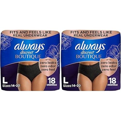 Always Discreet Boutique Incontinence and Postpartum Underwear for Women, Maximum Protection, L, Black, 18 Count (Packaging May Vary) (Pack of 2)