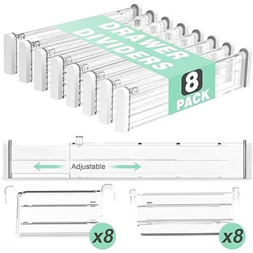Expandable Drawer Dividers, Clear Drawer Organizers for Utensils, Clothes with 8 Drawer Separators(12.6-22.8''), 16 Inserts(3.9-7.1''), Adjustable Kitchen Drawer in Bedroom, Office Storage