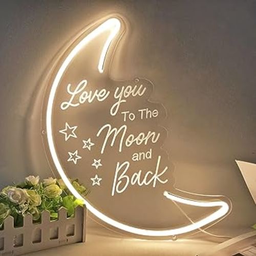 Britrio LED Moon Neon Light Sign, 15.75”x9.45” Warm White To the Moon And Back Neon Wall 3D Art for Party Girls Kid’s Bedroom Living Room,Home Decor Night Light 5V USB Powered with Dimmer Switch
