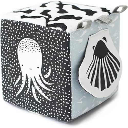 Wee Gallery Soft Block, Ocean - Sensory Stimulation Baby Toy, High Contrast for Vision, Organic Fabric, Crinkle Flap, Textures, Tags to Grip, Tummy Time Activity for Babies Ages 0-3-6-9-12-24 Months