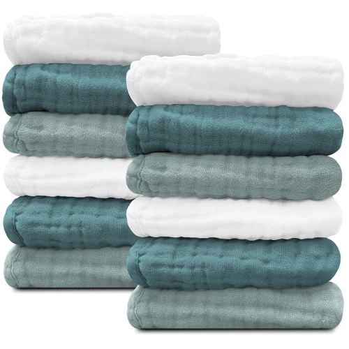 Sunny zzzZZ Baby Muslin Washcloths -100% Cotton Muslin Soft Baby Bath Wash Cloths and Absorbent Burp Cloths for Newborns Kids Girls and Boys -12 Pack, 12x12 Inches - White+Light Emerald Series
