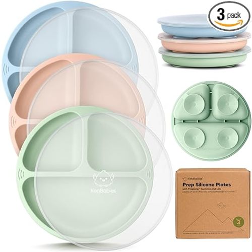 KeaBabies Suction Plates with Lids for Baby - 3-Pack 100% Silicone Toddler Plates with Suction, Divided, BPA-Free Baby Led Weaning Essentials for Kids, Dishwasher, Microwave Safe, Durable (Mellow)